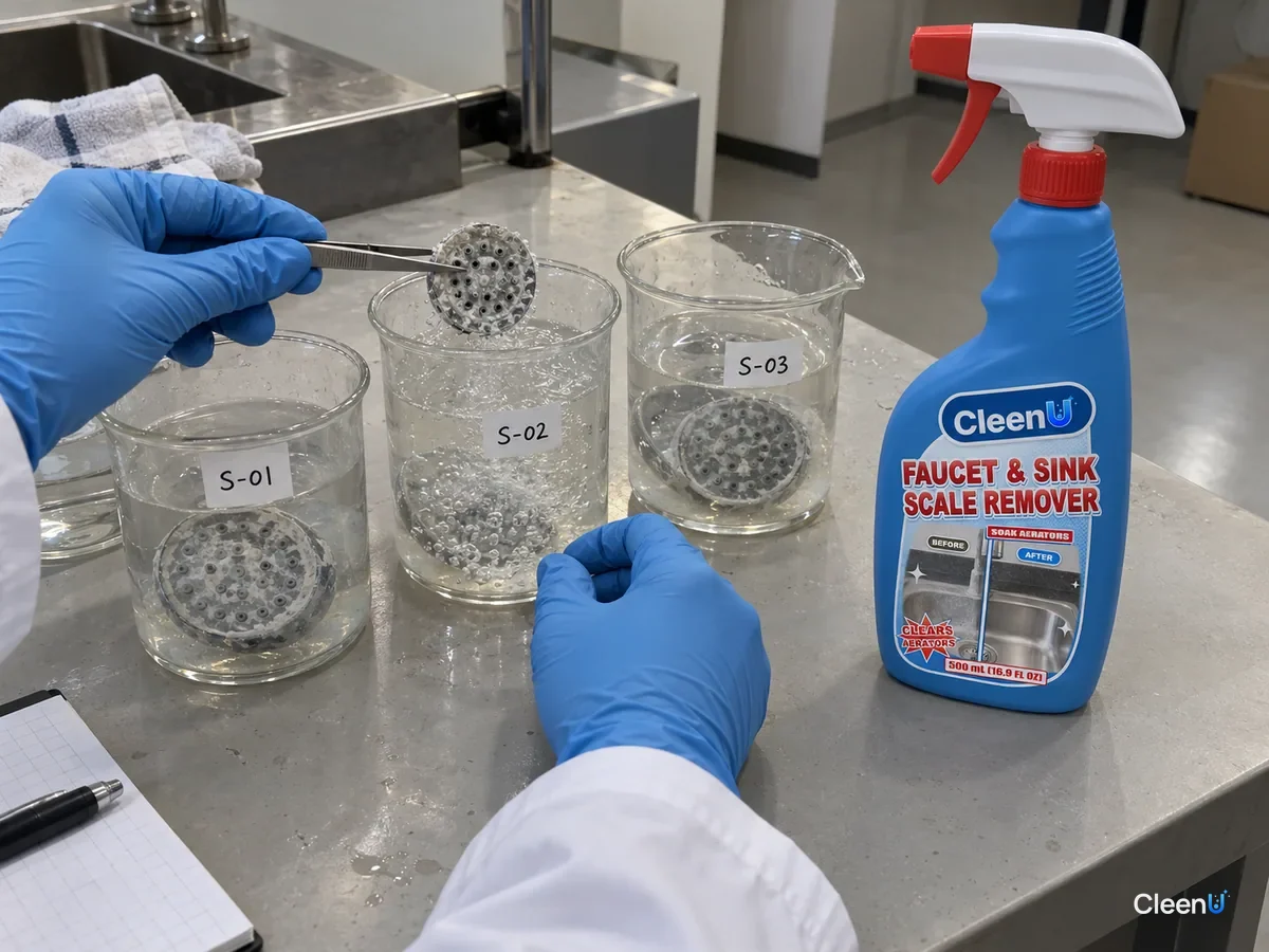 Lab bench: coded beakers soaking scaled showerhead nozzle plates; tiny bubbles rise from the scale in one, a technician lifts a plate with tweezers, beside CleenU Faucet & Sink Scale Remover.