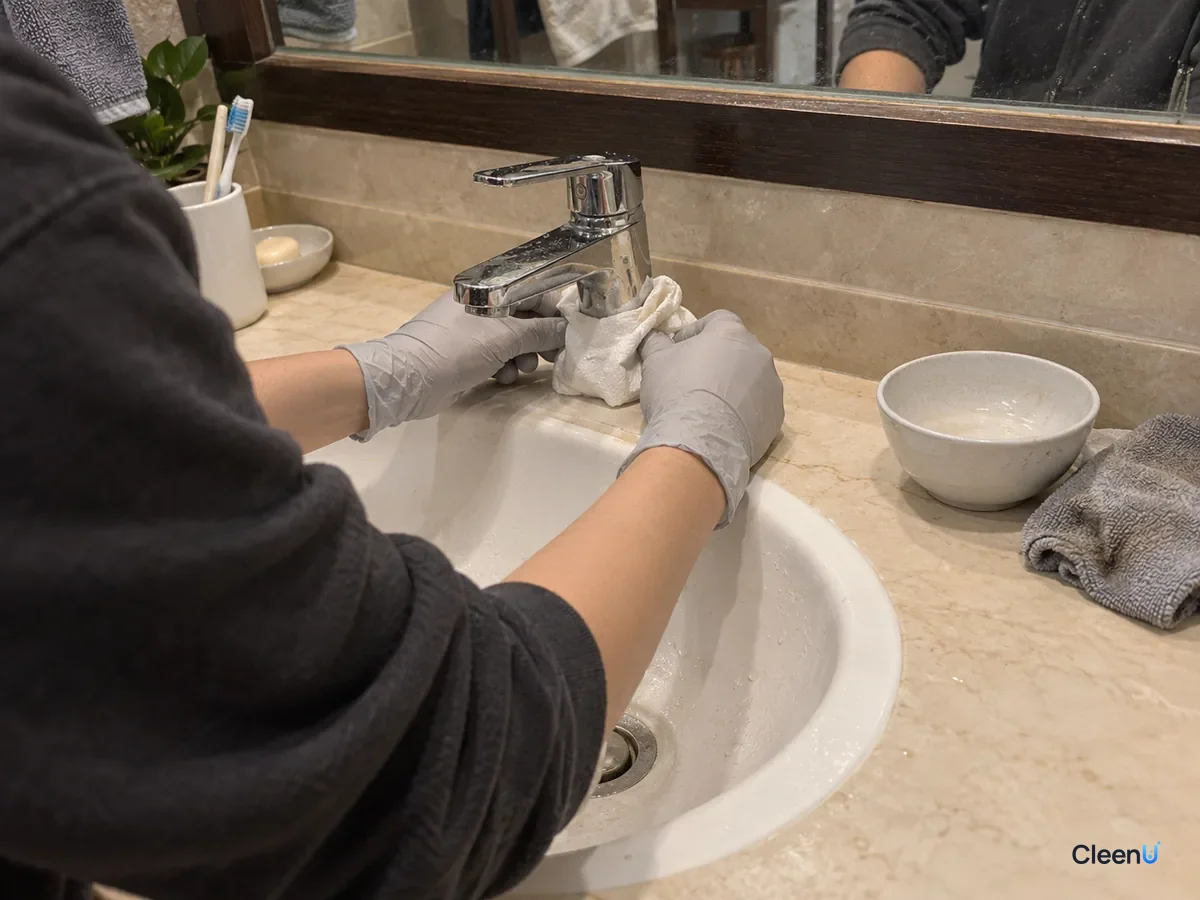 On the vanity, a hand in light grey nitrile gloves wraps a soaked paper towel around the base of a chrome faucet, the natural stone countertop all around it left untouched.