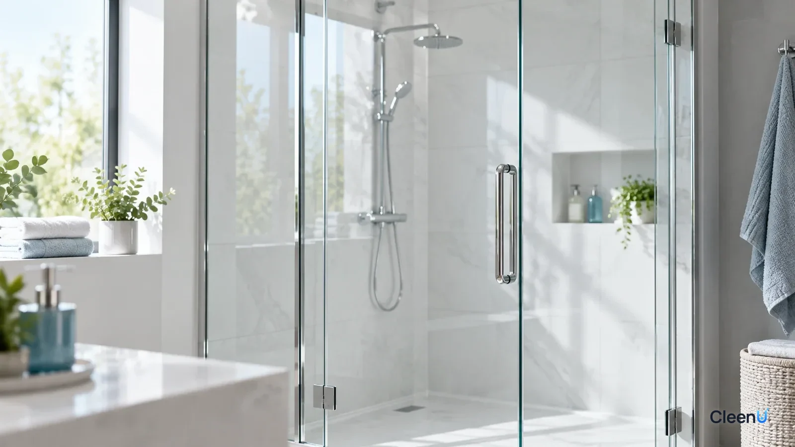 AI illustration: A clear glass shower door in a bright bathroom with no water spots