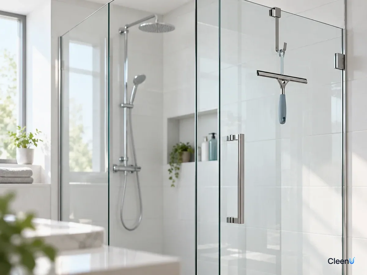AI illustration: A freshly cleaned, sparkling glass shower door with a squeegee hanging inside