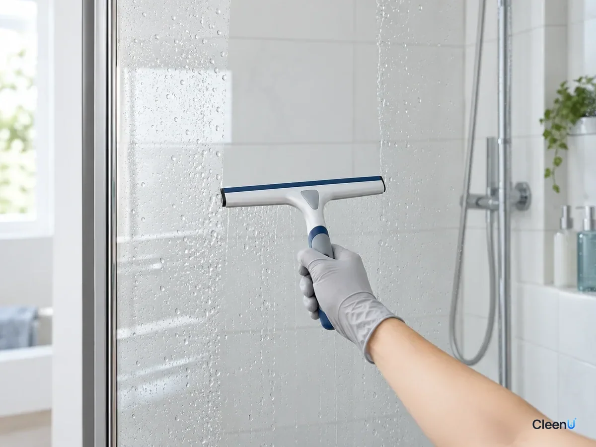 AI illustration: A gloved hand squeegeeing a glass shower door from top to bottom
