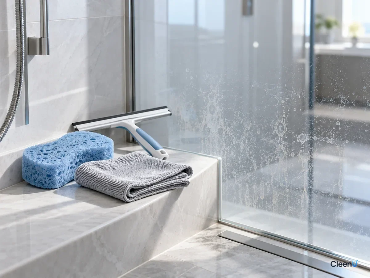 AI illustration: A soft sponge, a squeegee and a microfiber cloth ready inside a shower, with white water spots on the lower half of the glass door