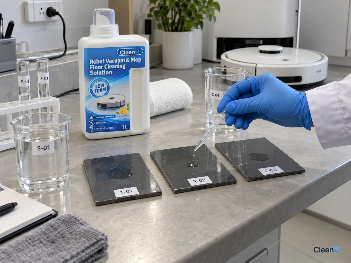 A lab tech drops diluted solution onto dark tiles T-01 to T-03 to compare residue, beside a CleenU Low Foam bottle.