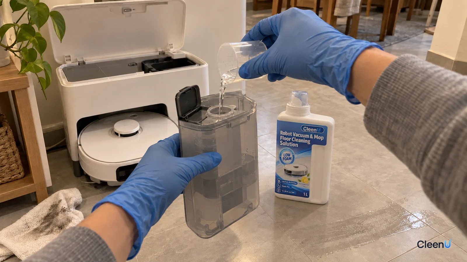 A gloved hand pours from a clear cup into a pulled-out Roborock-style cartridge, with CleenU Robot Mop solution beside it.