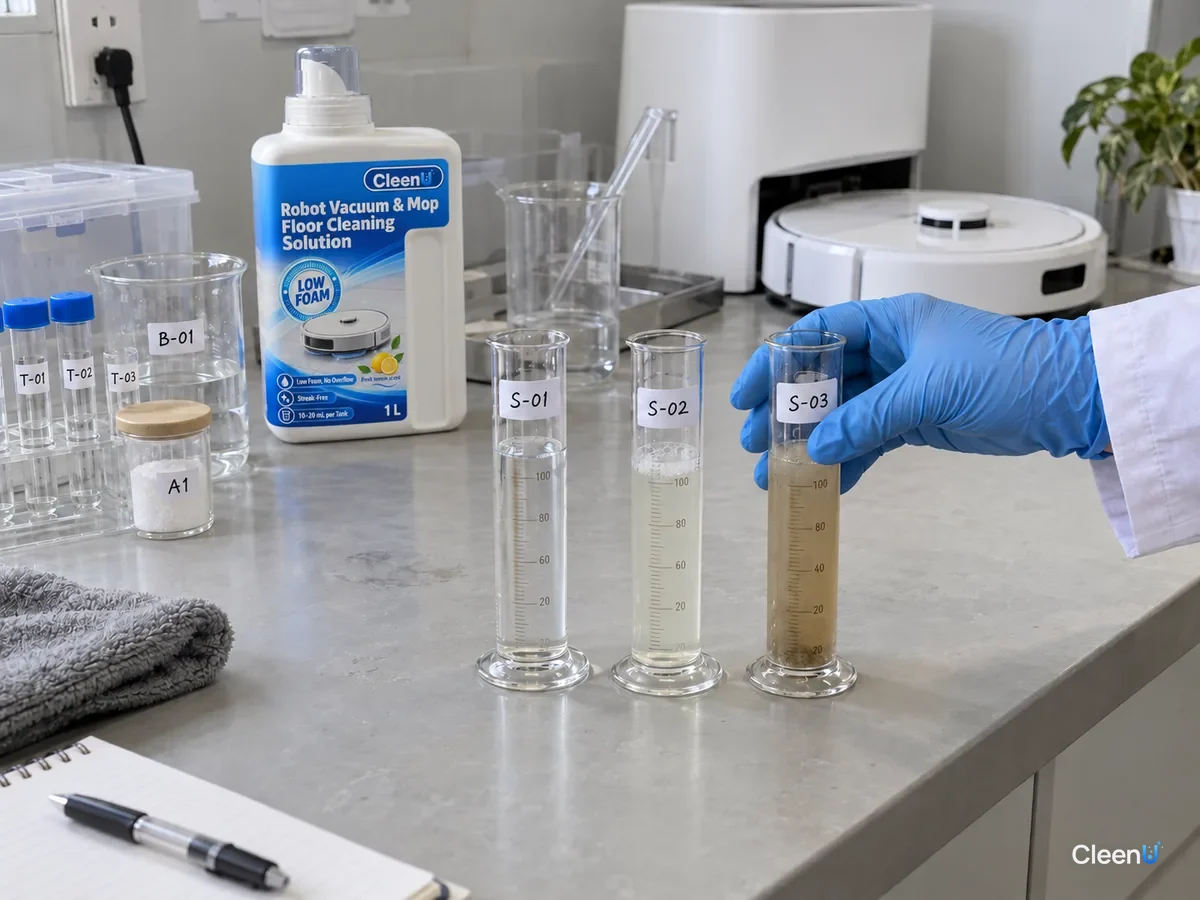 Cylinders of plain water, diluted solution and solution with simulated soil, with CleenU Robot Mop solution behind.