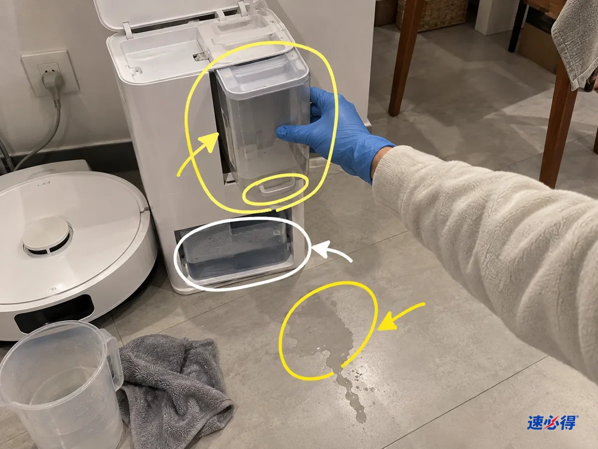 掀开盖的白色基站中，抽出一半的清洁液盒和下方清水箱位置被标出，地面有湿痕