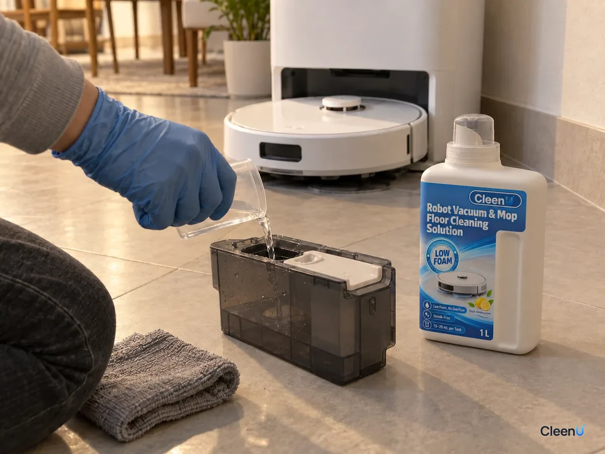 A blue-gloved hand pours the measured solution into the pulled-out cartridge, with CleenU Robot Mop solution beside it.