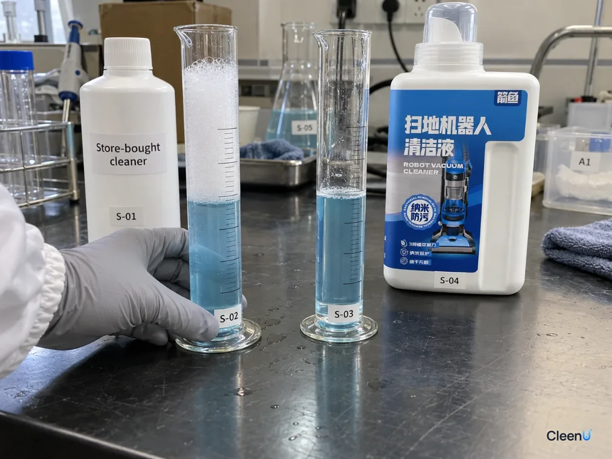 AI illustration: Two graduated cylinders with different foam heights beside blue and white bottles on a laboratory bench