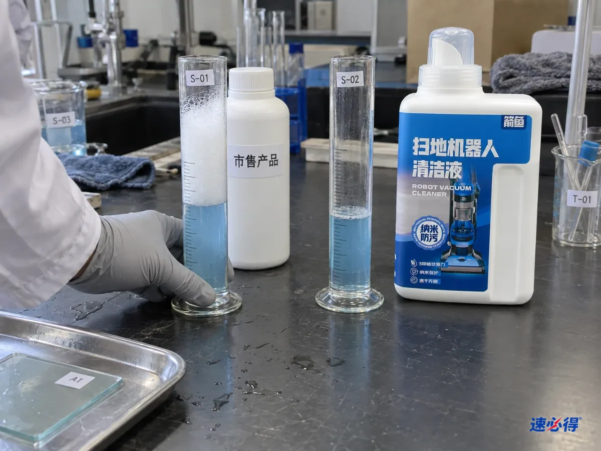 AI 示意图：实验台上的两只量筒泡沫高度不同，旁边有蓝色和白色瓶子