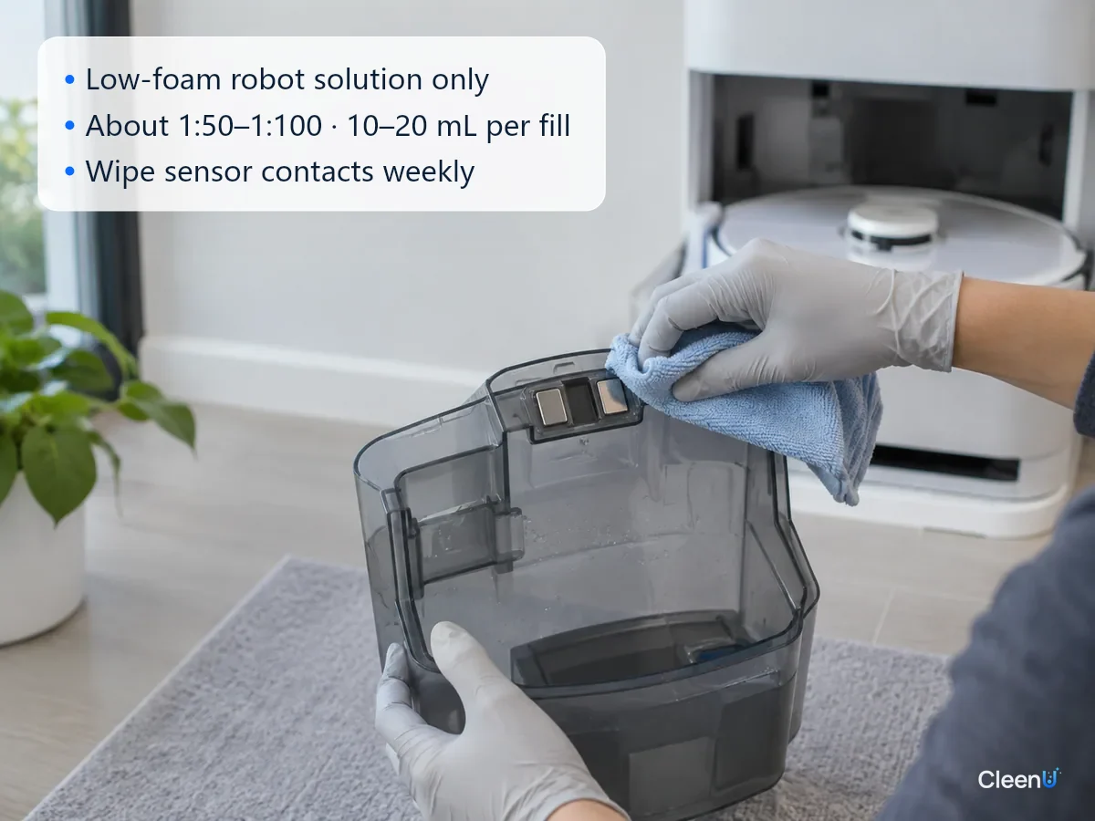 AI illustration: A gloved hand wiping the sensor contacts on a dirty water tank with a soft cloth, the tank clean and free of foam