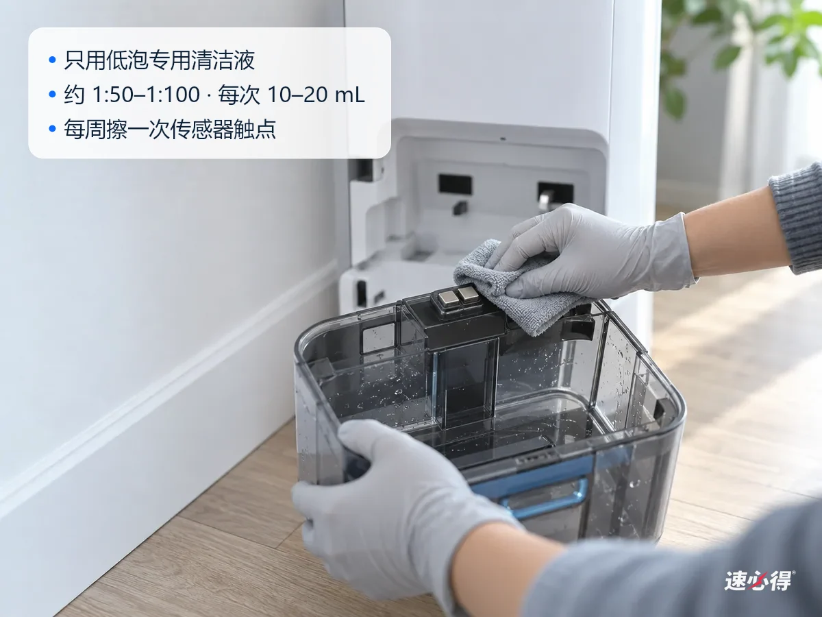 AI 示意图：戴手套的手用软布擦拭污水箱上的传感器触点，箱内干净没有泡沫