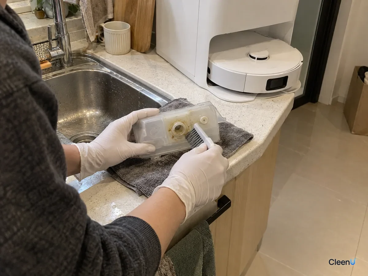 AI illustration: A removed dosing tank on a cloth by a sink, with yellowish residue around its outlet
