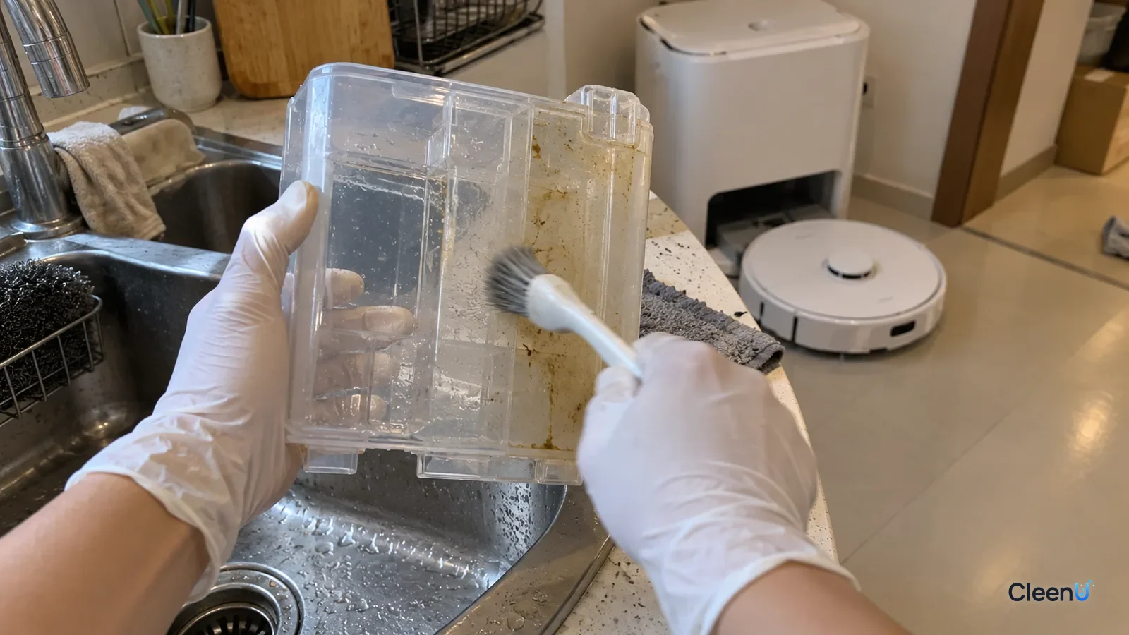 AI illustration: Gloved hands brushing the inside of a removed dosing tank at a sink