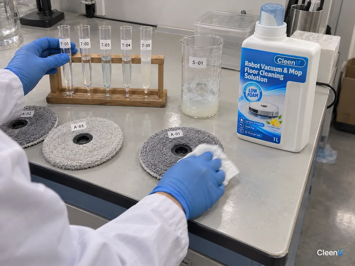 AI illustration: Narrow tubes, a graduated cylinder and liquid samples beside a blue cleaner bottle on a laboratory bench