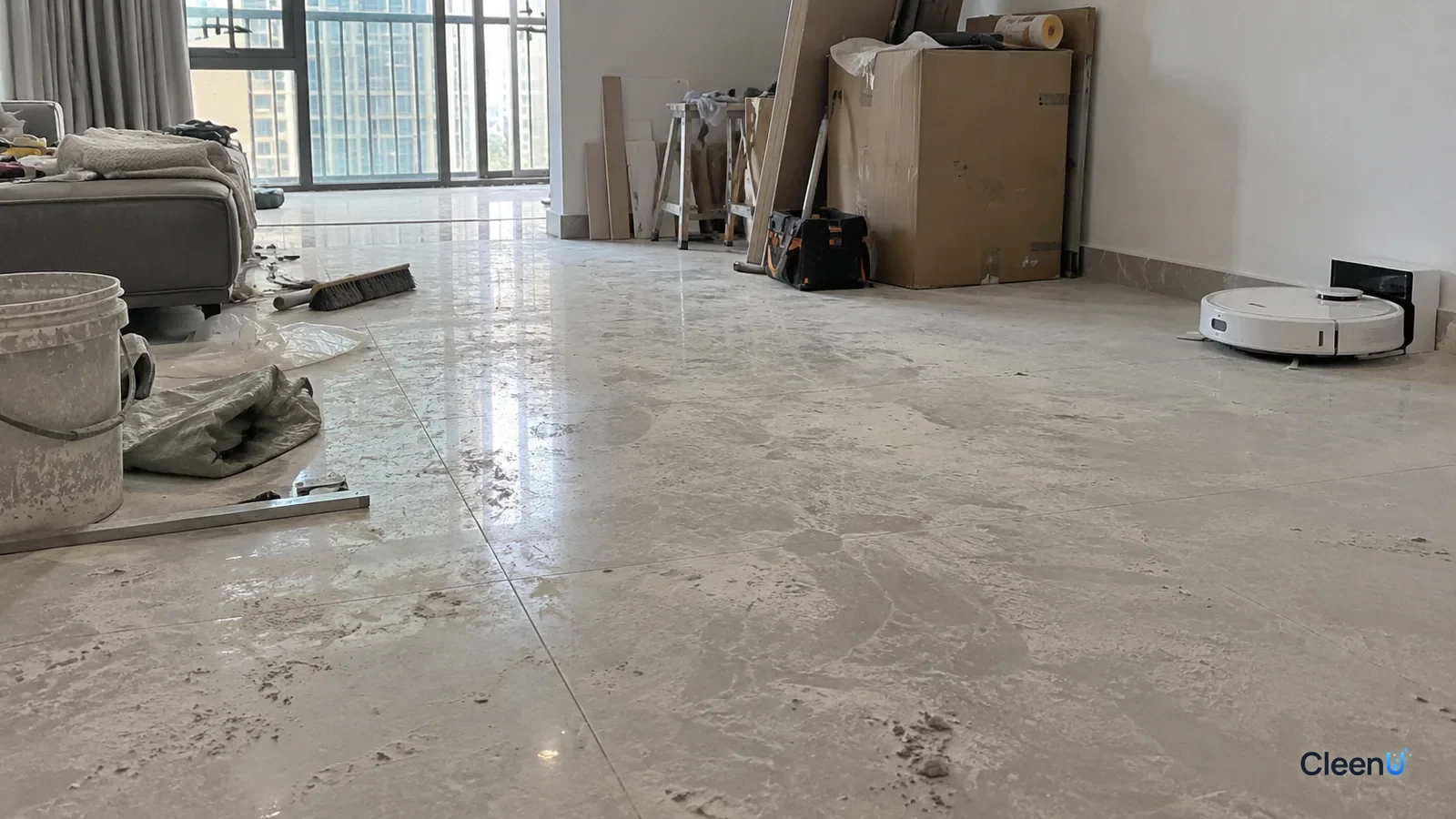 AI illustration: A freshly renovated living room with a layer of gray-white dust on light tile, unopened boxes and tools stacked in the corner and a white robot mop parked to one side