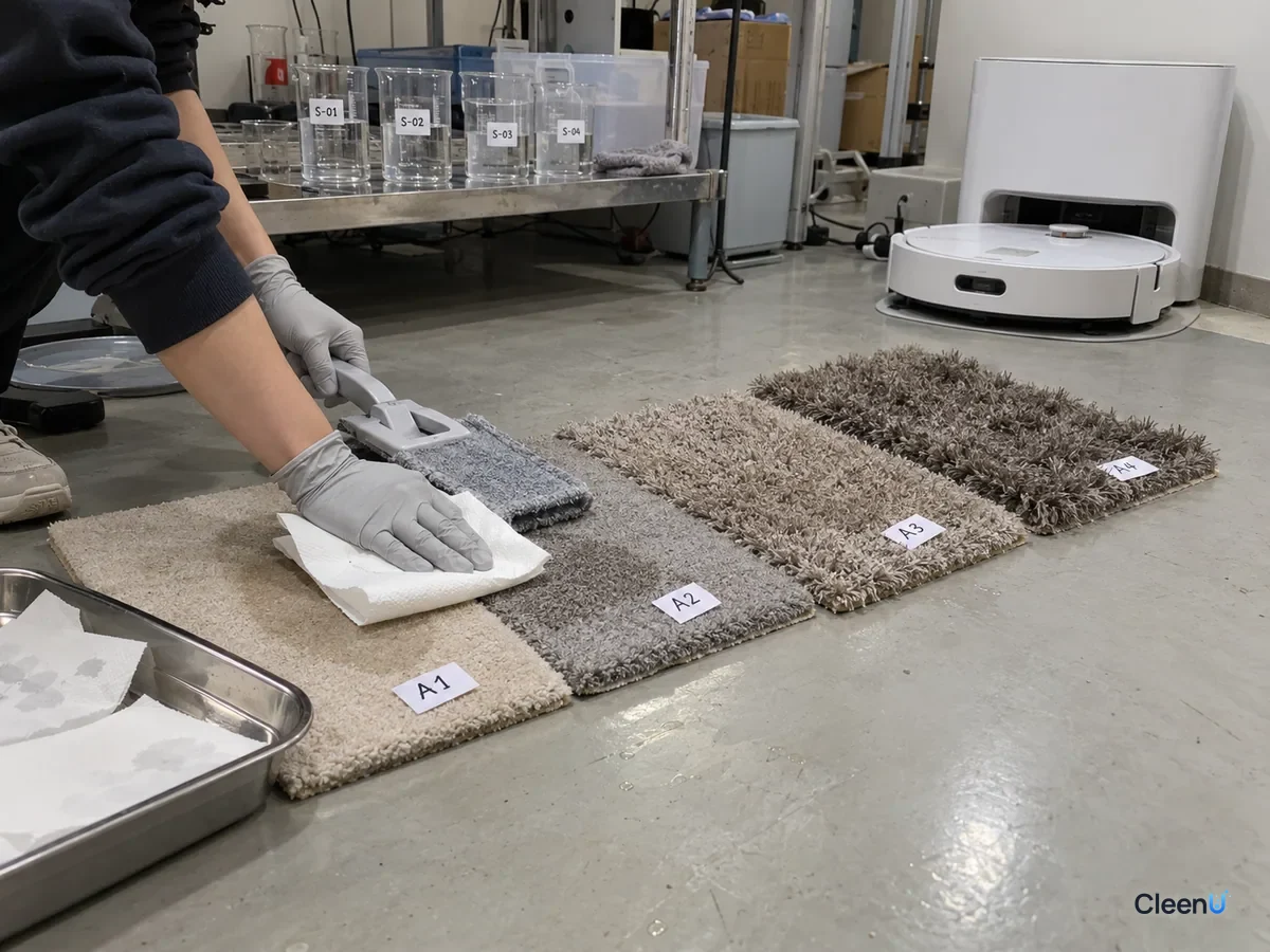 AI illustration: Rug samples of different thicknesses on a laboratory bench, with a gloved hand pressing paper against an edge