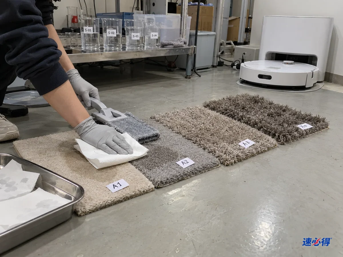 AI 示意图：实验台上摆着不同厚度的地毯样片，戴手套的手用纸接触边缘