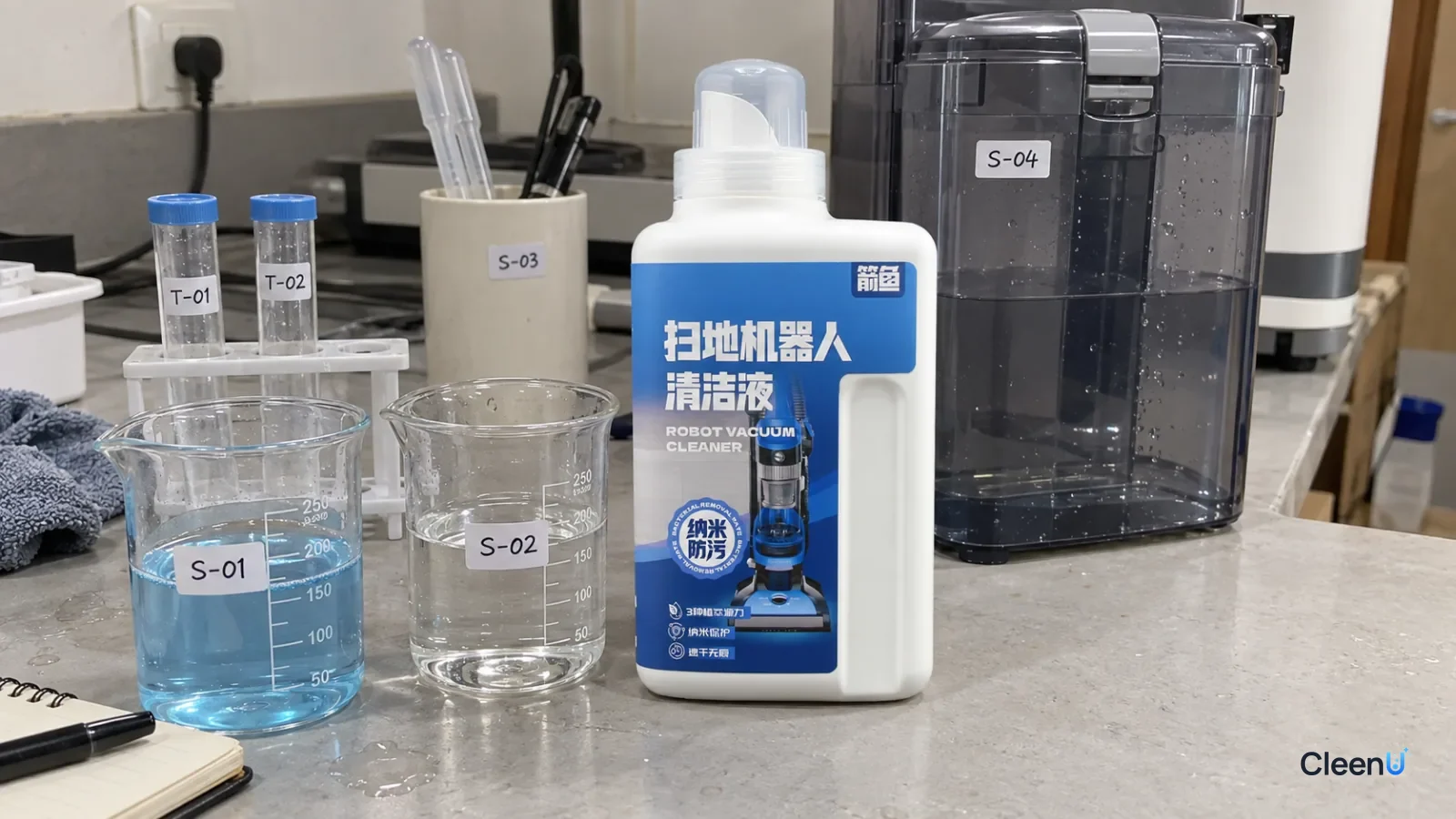 AI illustration: Two measuring cups containing light blue and clear liquids beside a robot mop clean-water tank