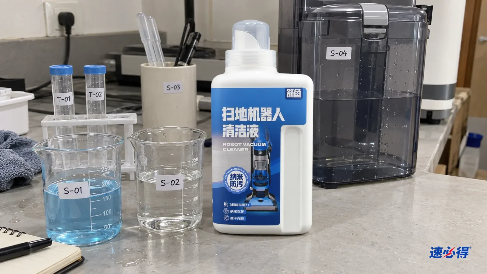 AI 示意图：两只装有浅蓝和透明液体的量杯，旁边是扫地机器人清水箱