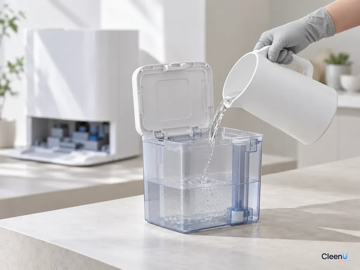 AI illustration: Filling the clean water tank of a robot vacuum dock with water