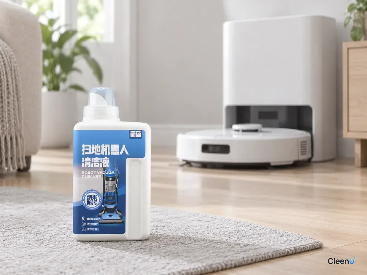 AI illustration: CleenU Robot Vacuum Cleaning Solution on a light wood floor with a robot vacuum dock behind it