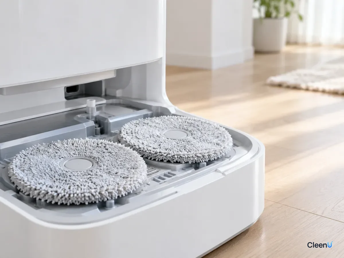 AI illustration: Two robot mop pads drying on the base station