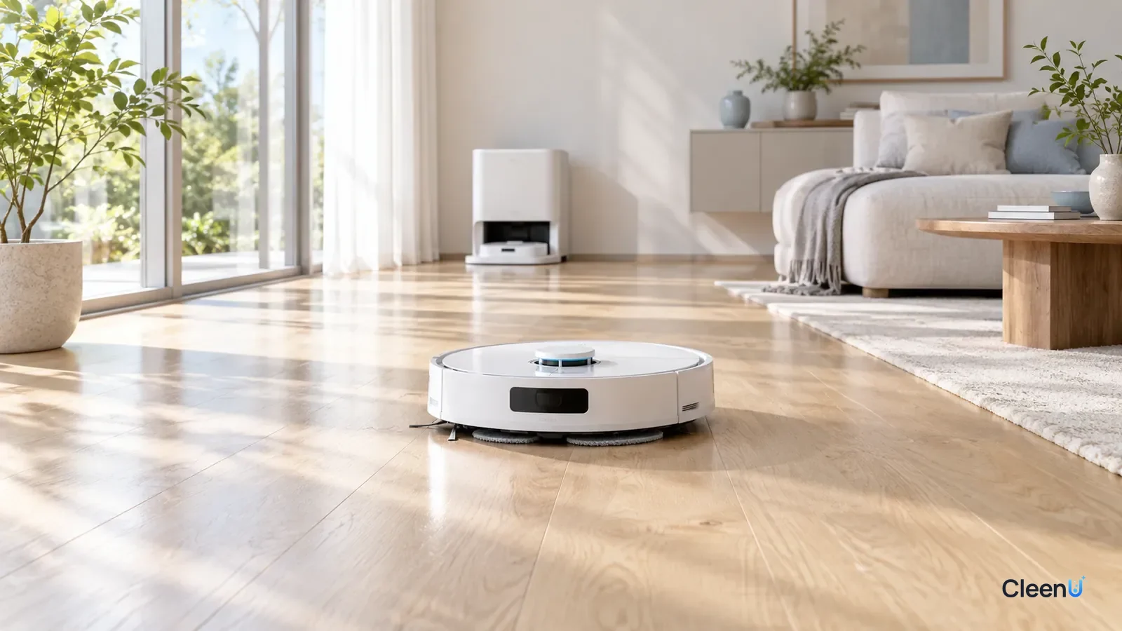AI illustration: A white robot mop working across a sunlit light oak floor