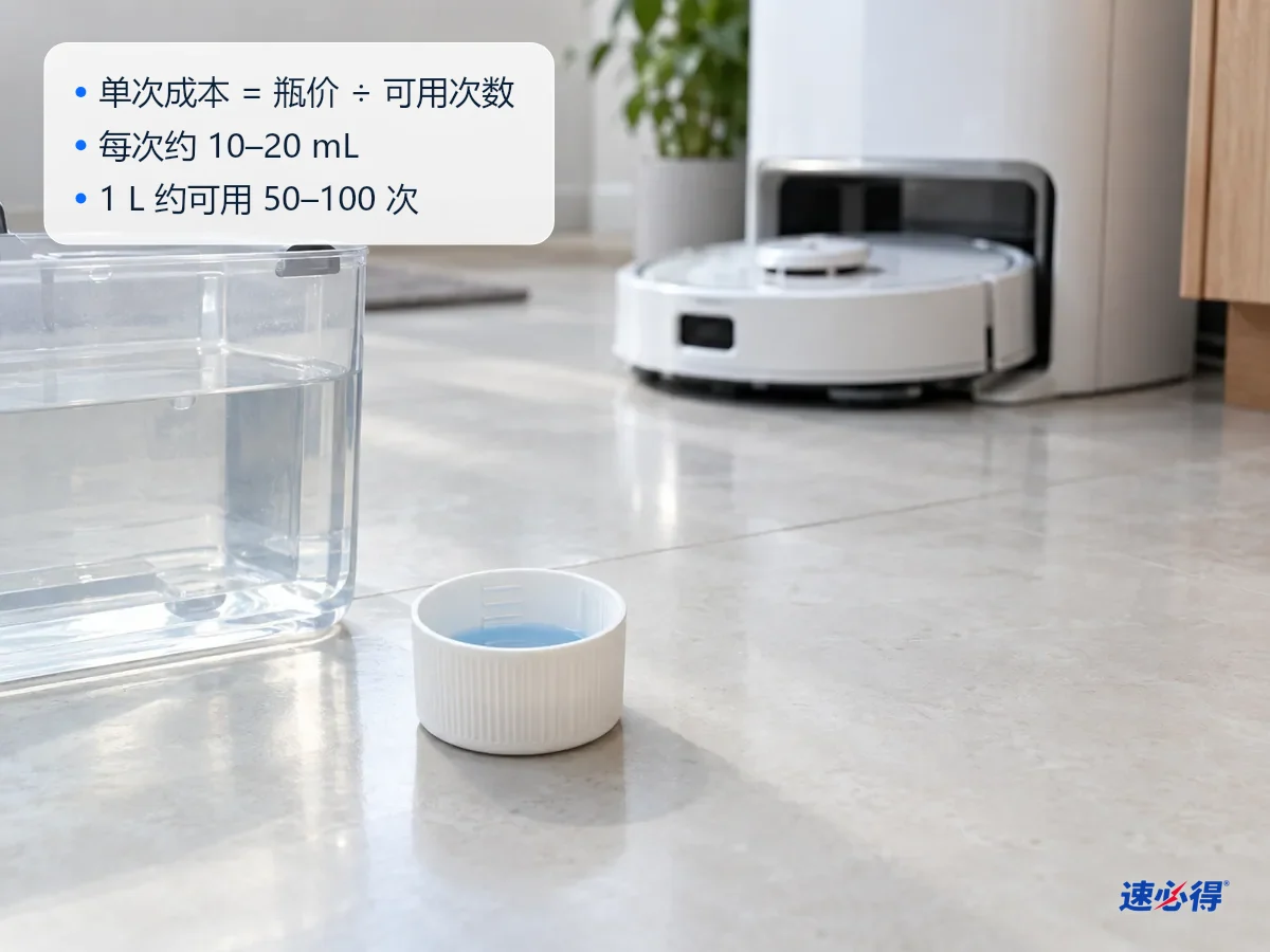 AI 示意图：装有少量液体的瓶盖与扫地机器人清水箱并排放着