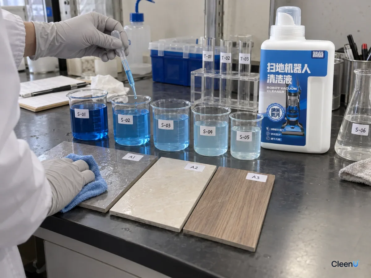 AI illustration: Liquid and floor samples beside a blue cleaner bottle on a laboratory bench