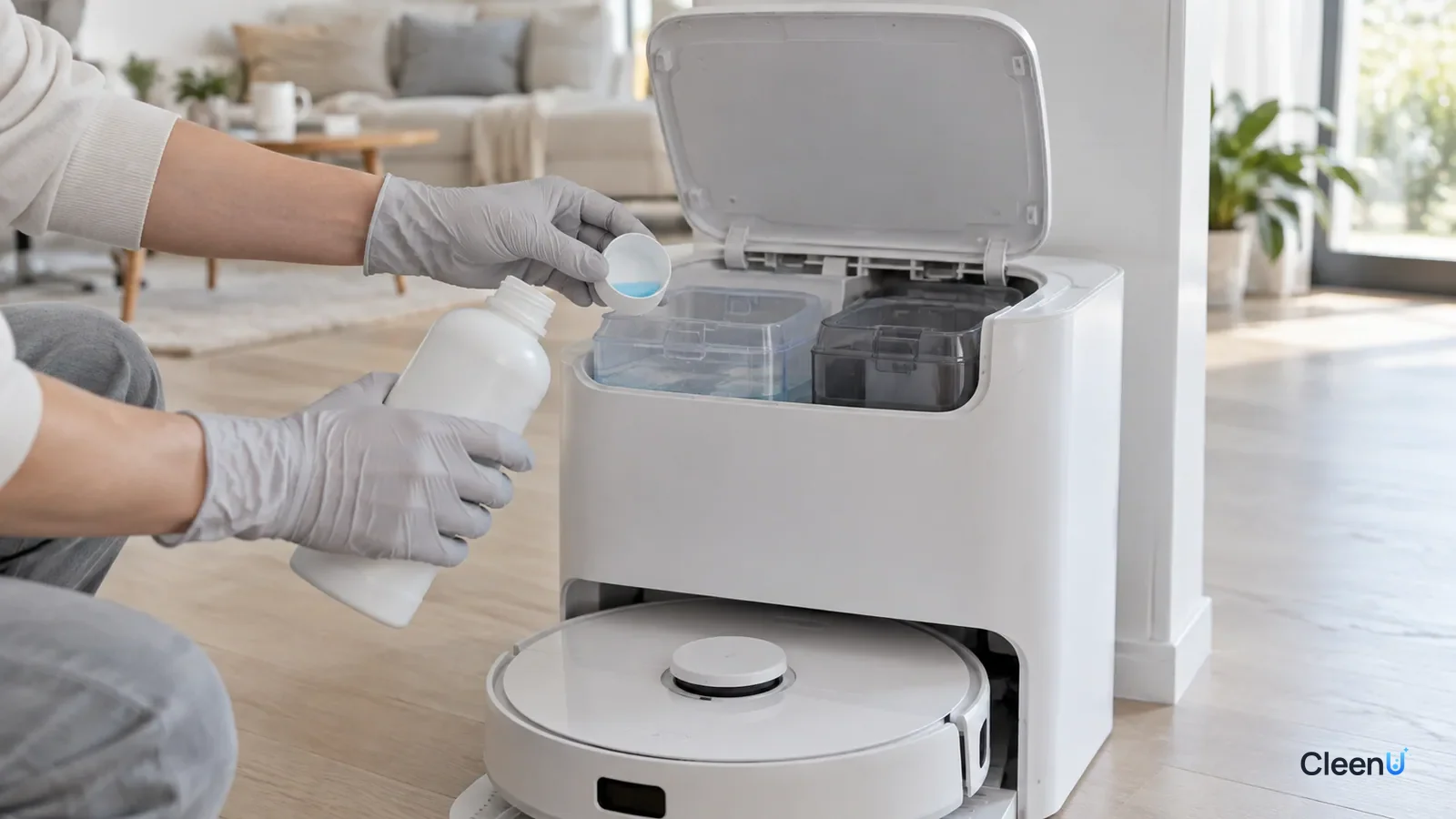 AI illustration: A person beside a robot vacuum dock measuring a small amount of concentrated cleaning solution with the bottle cap