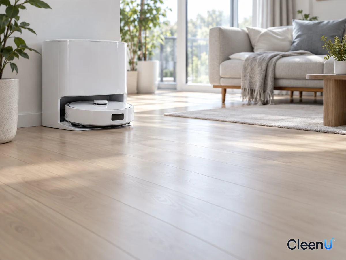 AI illustration: A light wood floor, evenly dry after the first robot mop run, with the robot back on its dock