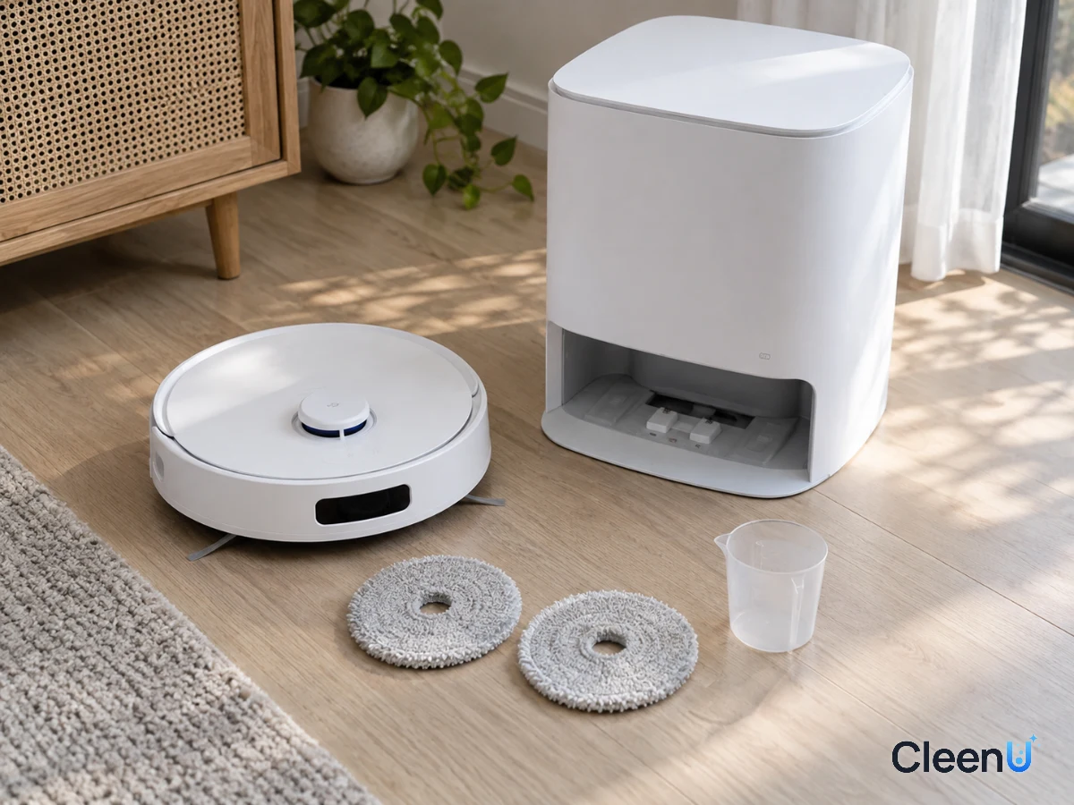 AI illustration: A new robot mop, a white dock, round mop pads and a clear measuring cup neatly set out on a light floor