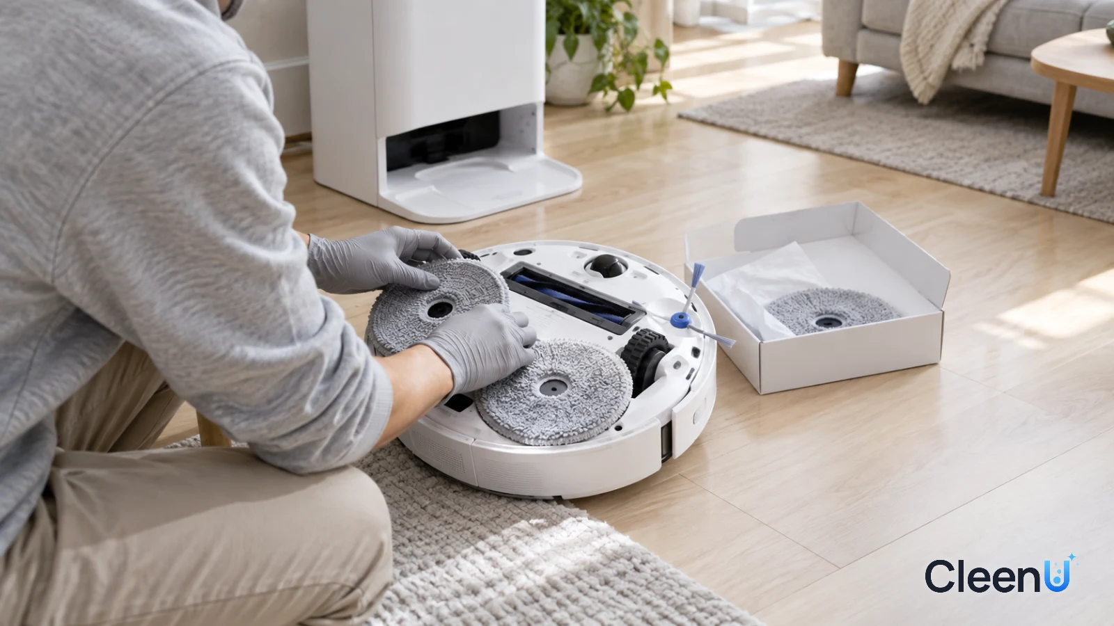 AI illustration: A person kneeling beside a white dock, attaching mop pads to a new robot vacuum