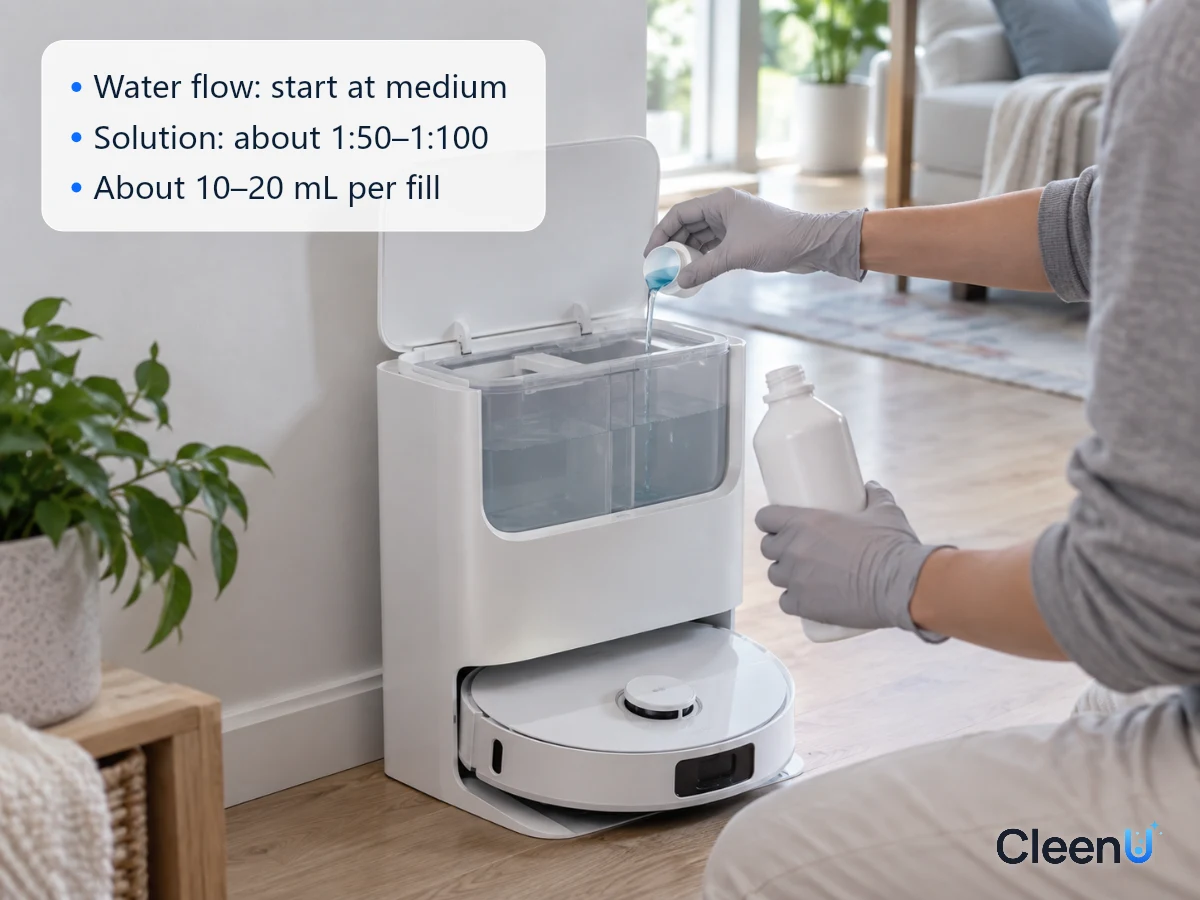 AI illustration: A person pouring cleaning solution into a robot vacuum dock's clean water tank using the cap markings