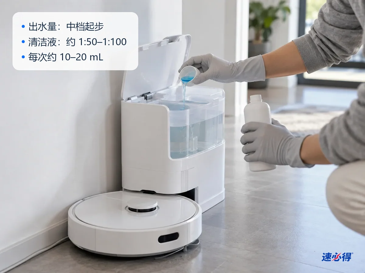 AI 示意图：一个人把清洁液按瓶盖刻度倒入扫地机器人基站的清水箱