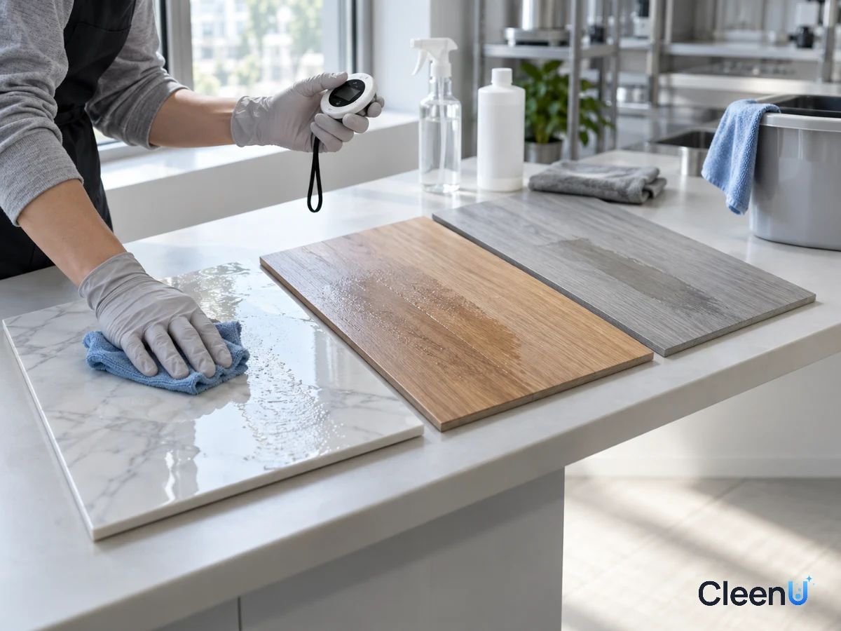 AI illustration: Floor samples, a timer and gloved hands on a laboratory bench