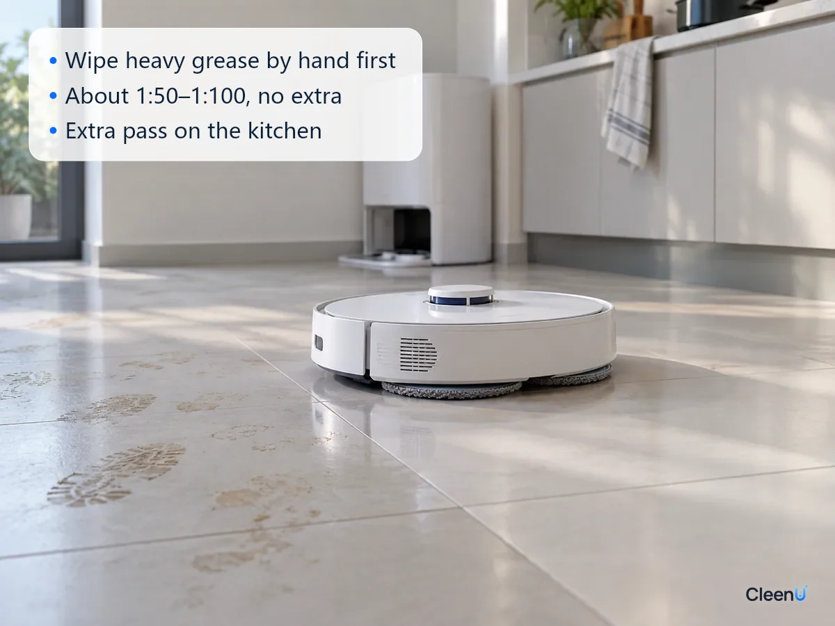 AI illustration: Low close-up of a robot mop pad crossing kitchen tile, the mopped area clean and faint greasy footprints still next to it