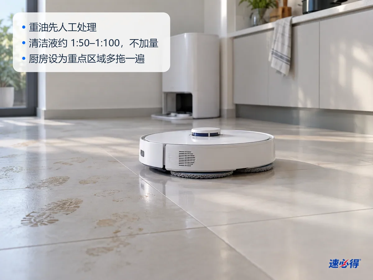 AI 示意图：低机位近景，扫地机器人的拖布在厨房瓷砖地面上拖过，拖过的部分干净，旁边还没拖的地方有淡淡的油脚印