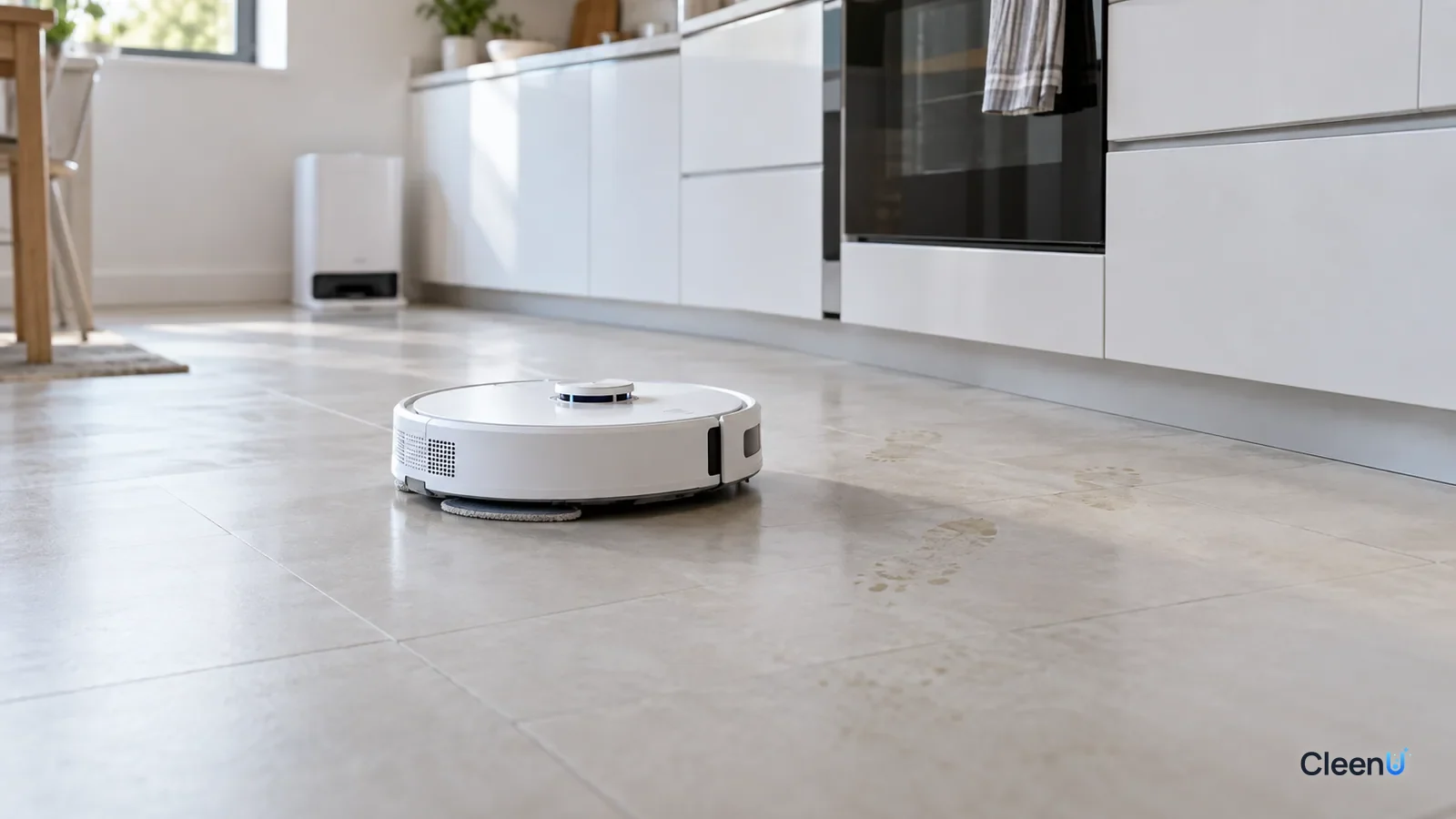 AI illustration: A robot mop working in front of the stove on light kitchen tile, the floor behind it clean and a few faint greasy footprints still ahead