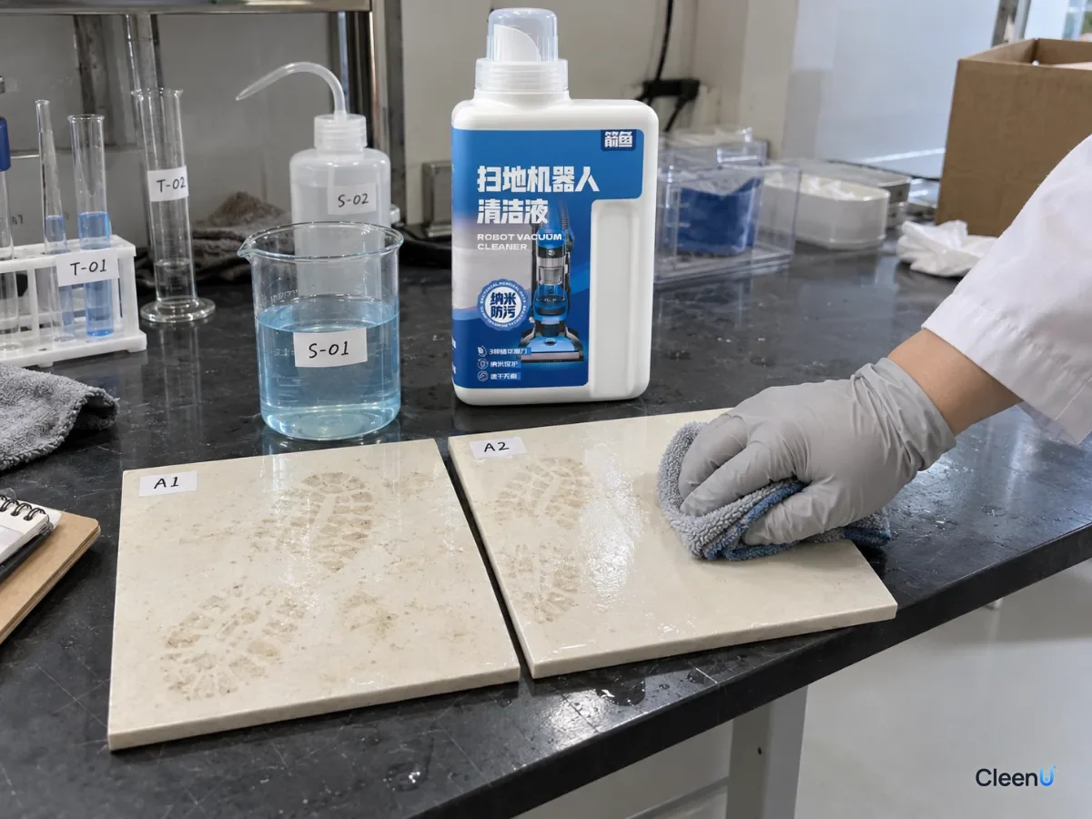 AI illustration: Two tile samples with footprints, with a gloved hand wiping one using a mop pad