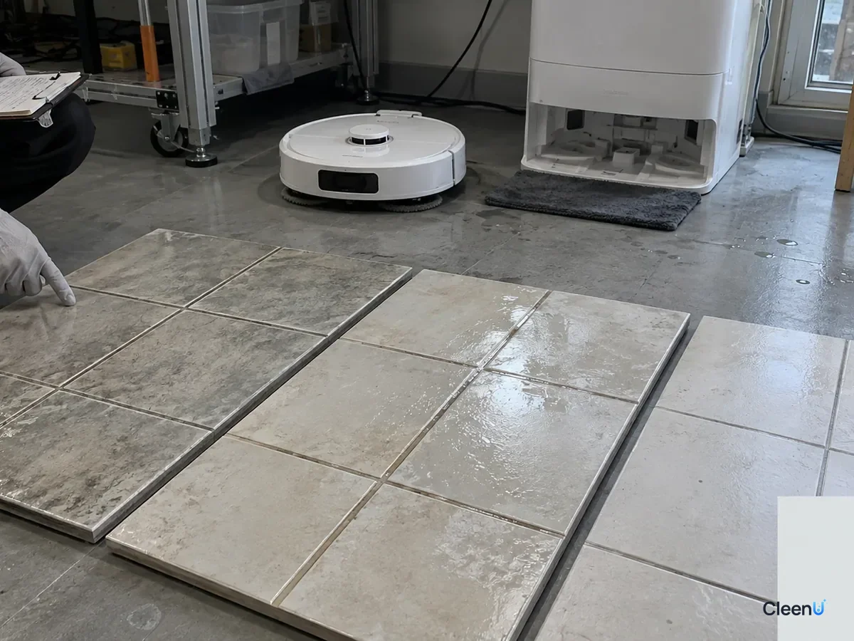 AI illustration: Tile samples with grout lines beside mop pads on a laboratory bench