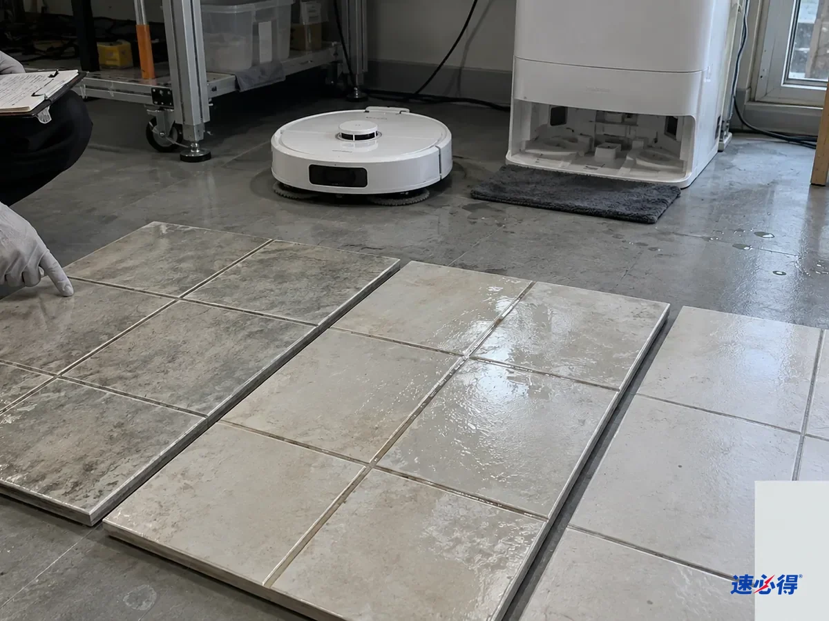 AI 示意图：实验台上摆着带砖缝的瓷砖样板和拖布