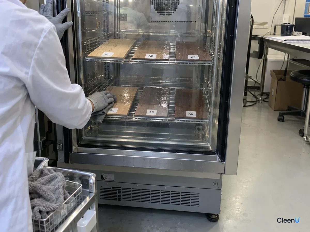 AI illustration: Floor samples inside a transparent laboratory chamber with a person looking through the glass