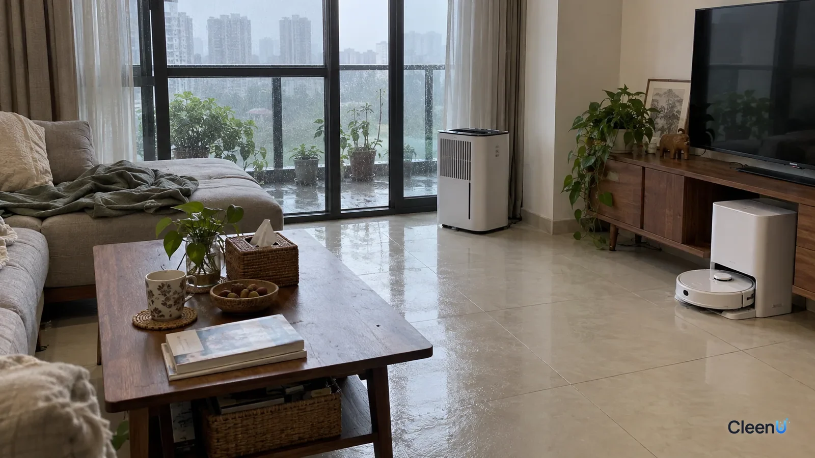 AI illustration: A living room on a muggy day with a damp sheen on the tile floor, a dehumidifier running by the window and a robot mop parked in its dock