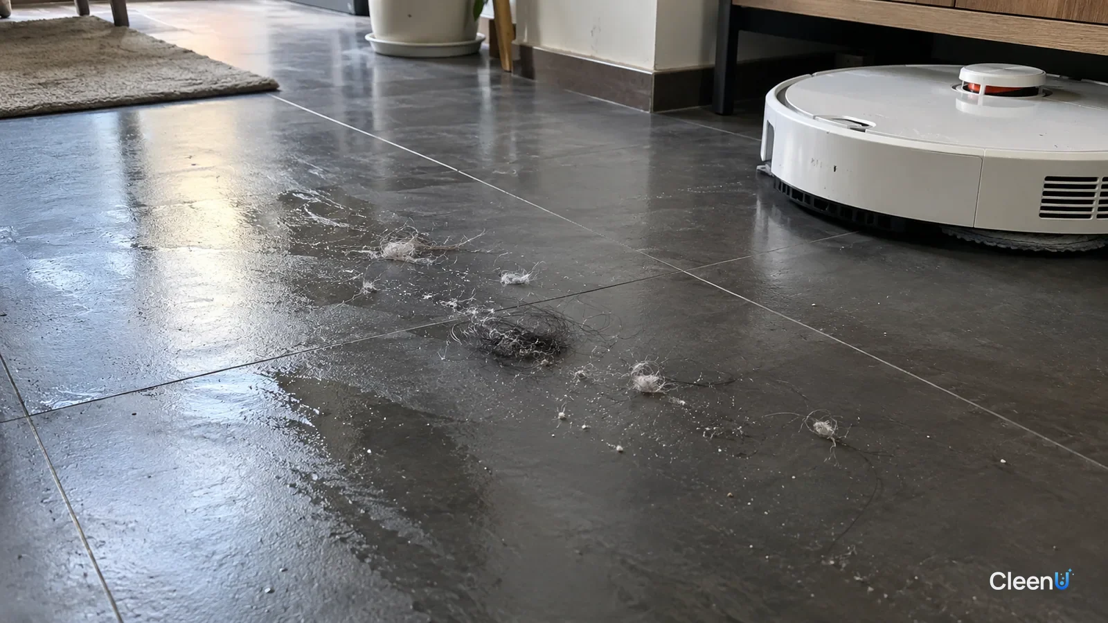 AI illustration: A dark tile floor in side light with small white bits of lint and a few damp clumps of hair and fiber along a robot mop's path, the white robot parked nearby