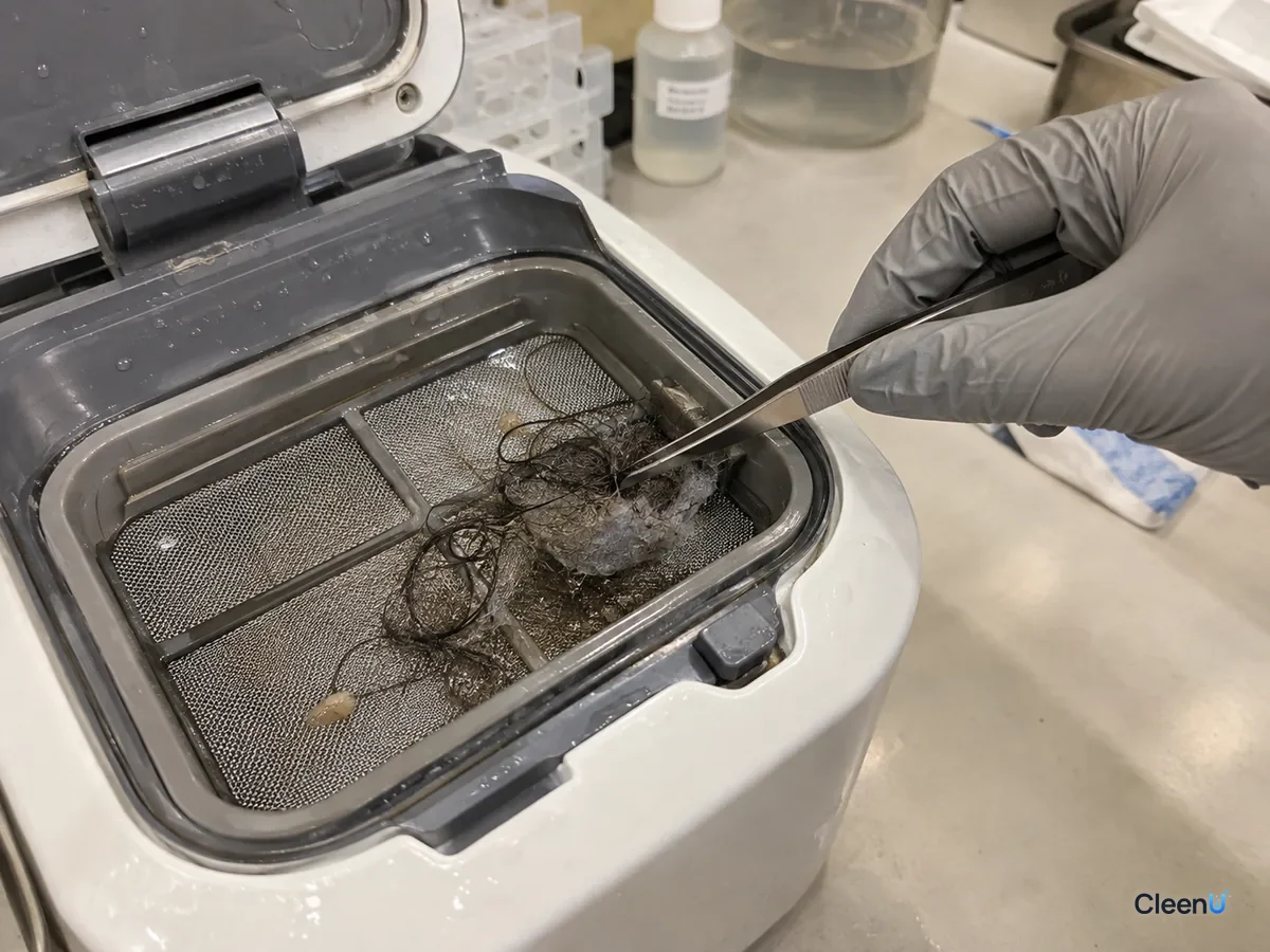 AI illustration: A close-up of a dock wash tray filter wrapped in damp hair and gray fibers, as a gloved hand picks them out with tweezers