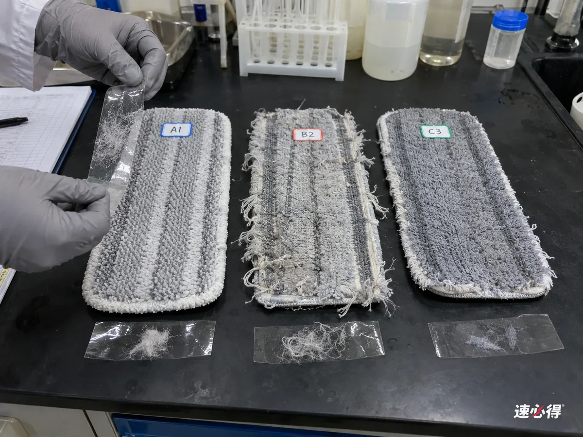 AI 示意图：实验台上的三块超细纤维拖布样片，戴手套的手用胶带接触表面