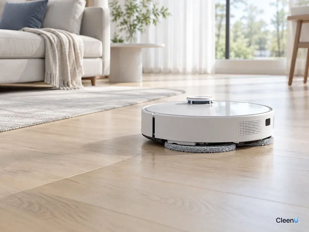 AI illustration: A clean mop pad back on the robot, and the wood floor it mopped dries clear with no streaks