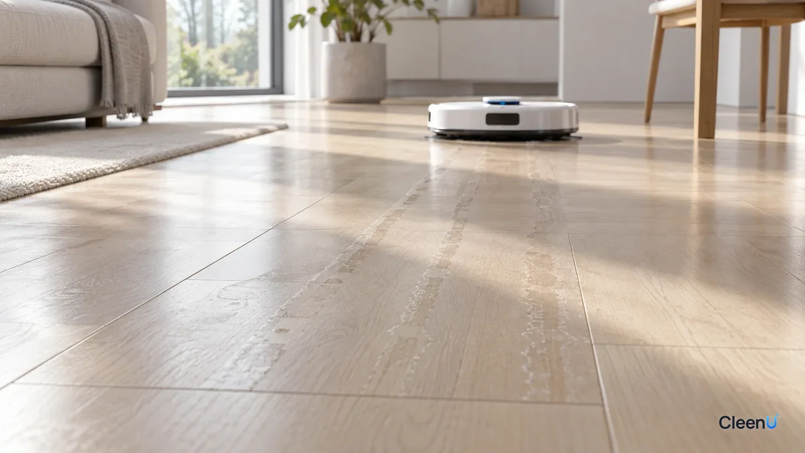 AI illustration: Side light on a light wood floor showing parallel streaks left by a robot mop
