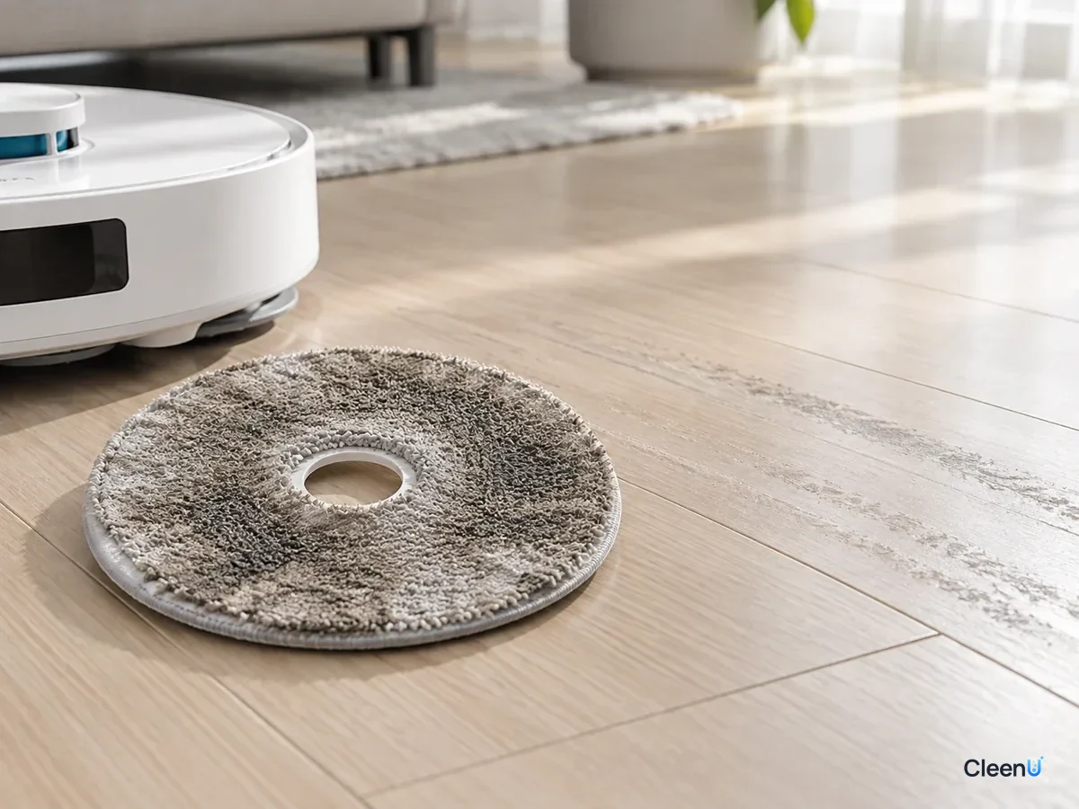 AI illustration: The underside of a robot mop pad turned gray, with streaks on the floor running in the robot's direction of travel